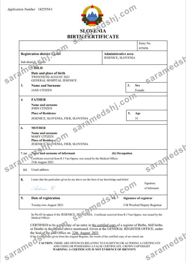 Slovenia birth certificate Word and PDF template